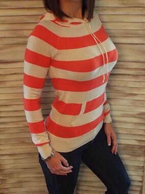 Hoodie Sweater Kangaroo Pocket Striped Coral